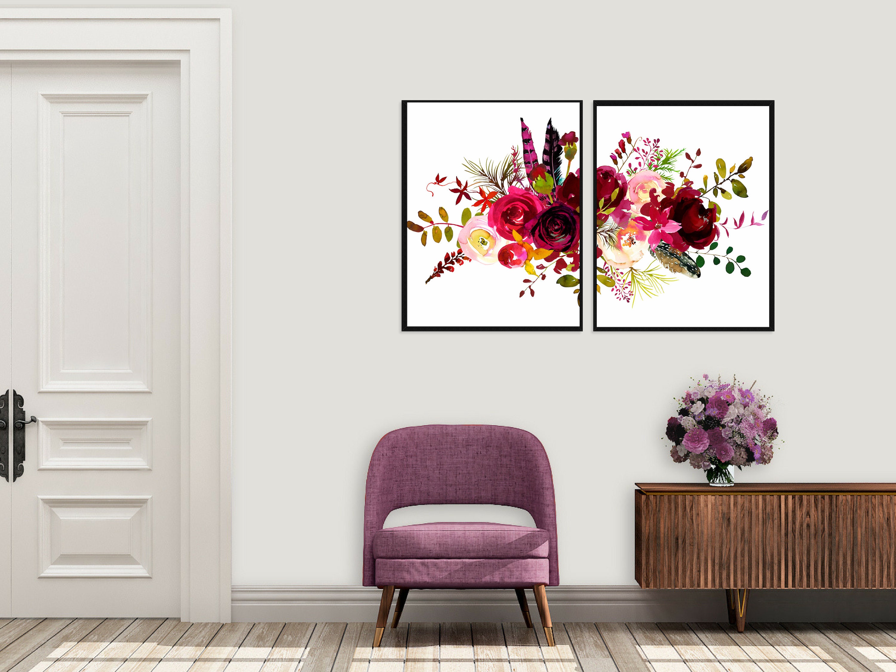 Watercolor Floral Decor Flower Bouquet Set of 2 Printable - Etsy