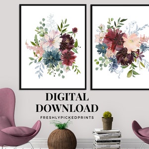 May include: Two framed floral art prints featuring watercolor bouquets in shades of burgundy, blue, and blush pink, with green foliage. The prints are set against a white background. The text "DIGITAL DOWNLOAD" and "FRESHLYPICKEDPRINTS" are visible.