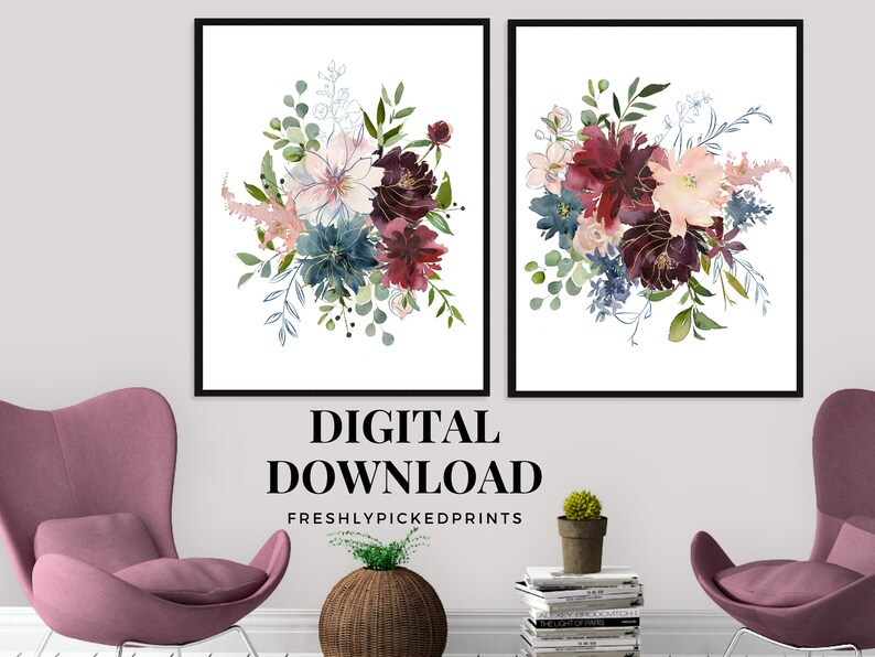 May include: Two framed floral art prints featuring watercolor bouquets in shades of burgundy, blue, and blush pink, with green foliage. The prints are set against a white background. The text "DIGITAL DOWNLOAD" and "FRESHLYPICKEDPRINTS" are visible.