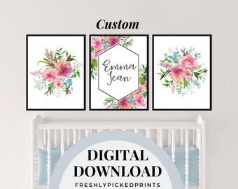 Baby Girls Floral Name Poster | Girls Room Decor Nursery Gift Print | Editable Digital Template