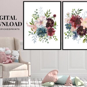 May include: Two framed floral art prints. Each print features a watercolor bouquet with burgundy, teal, and blush-colored flowers, accented by green foliage. The text "DIGITAL DOWNLOAD" and "FRESHLYPICKEDPRINTS" is visible in the image.