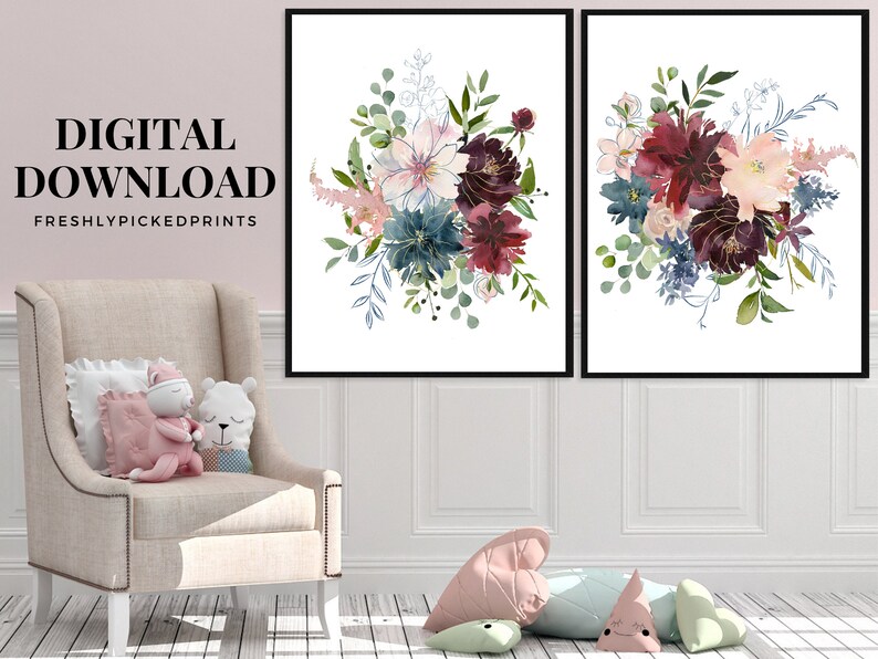 May include: Two framed floral art prints. Each print features a watercolor bouquet with burgundy, teal, and blush-colored flowers, accented by green foliage. The text "DIGITAL DOWNLOAD" and "FRESHLYPICKEDPRINTS" is visible in the image.