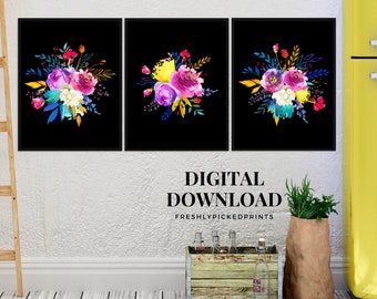 Flores de acuarela de colores brillantes Conjunto de 3 ? Arte floral de pared imprimible ? Arte descargable
