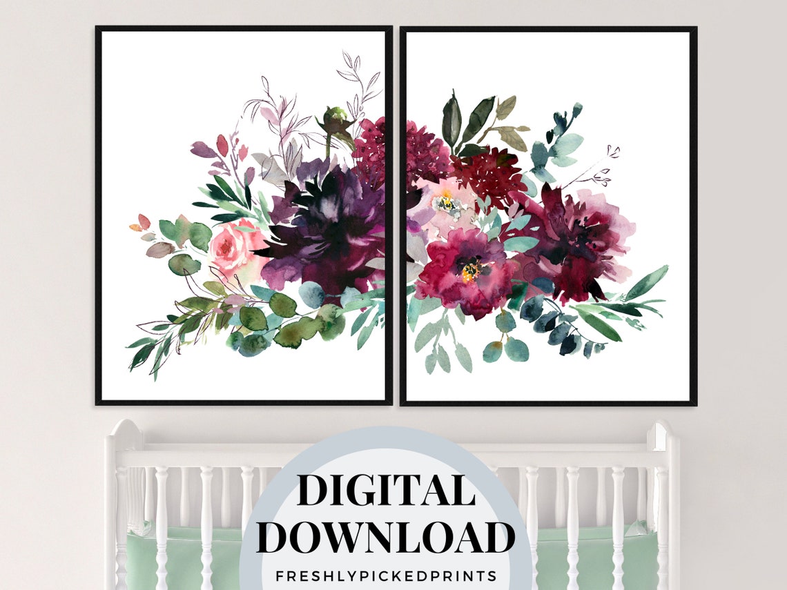 Downloadable Art Maroon Floral Printable Wall Art Digital Etsy