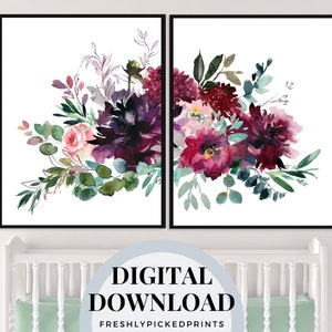 Downloadable Art Maroon Floral Printable Wall Art Digital Download Dark Colorful Floral Watercolor Bouquet Set of 2