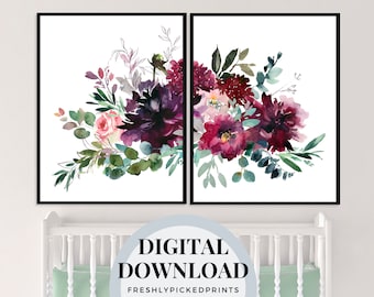 Maroon Floral Watercolor Art Print Set (Digital Download)
