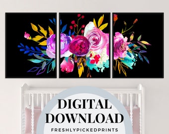 Flores de acuarela de colores brillantes Conjunto de 3 Artes Florales de Pared Imprimibles Arte descargable