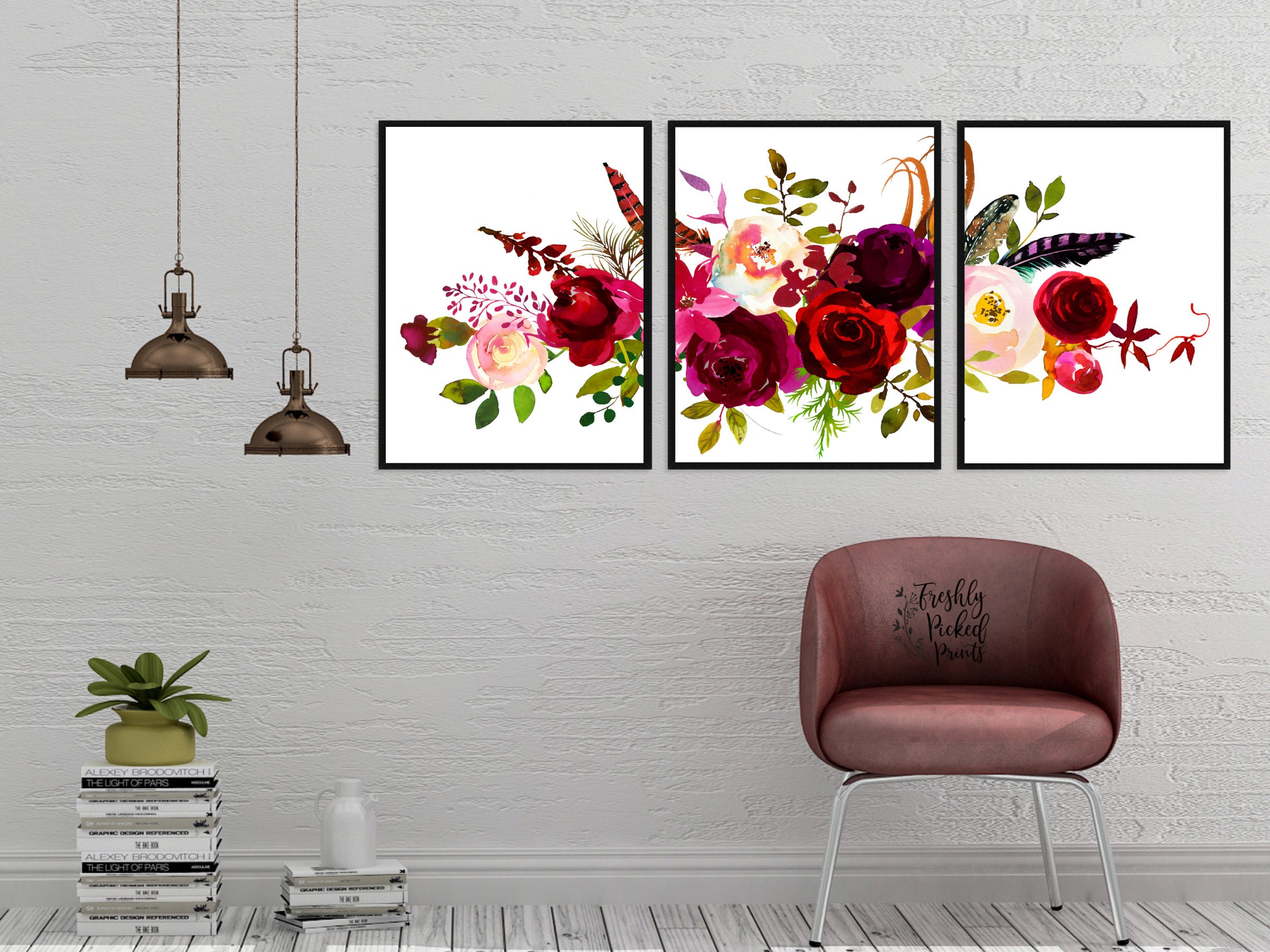 Downloadable Art Maroon Floral Printable Wall Art Digital | Etsy