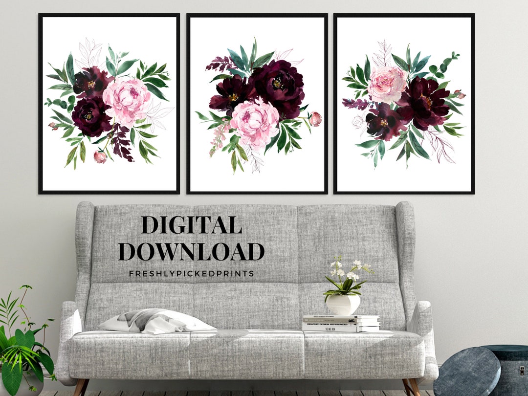 Floral Watercolor Print Set | Blush Pink, Purple, Wine Bouquet (digital ...
