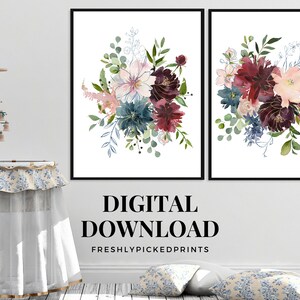 May include: Two framed floral art prints featuring watercolor bouquets in shades of burgundy, teal, pink, and green. The prints are set against a white background. Text on the image reads "DIGITAL DOWNLOAD" and "FRESHLYPICKEDPRINTS".