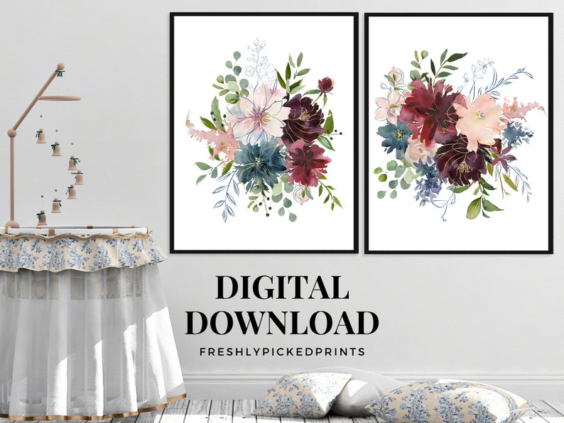 May include: Two framed floral art prints featuring watercolor bouquets in shades of burgundy, teal, pink, and green. The prints are set against a white background. Text on the image reads "DIGITAL DOWNLOAD" and "FRESHLYPICKEDPRINTS".