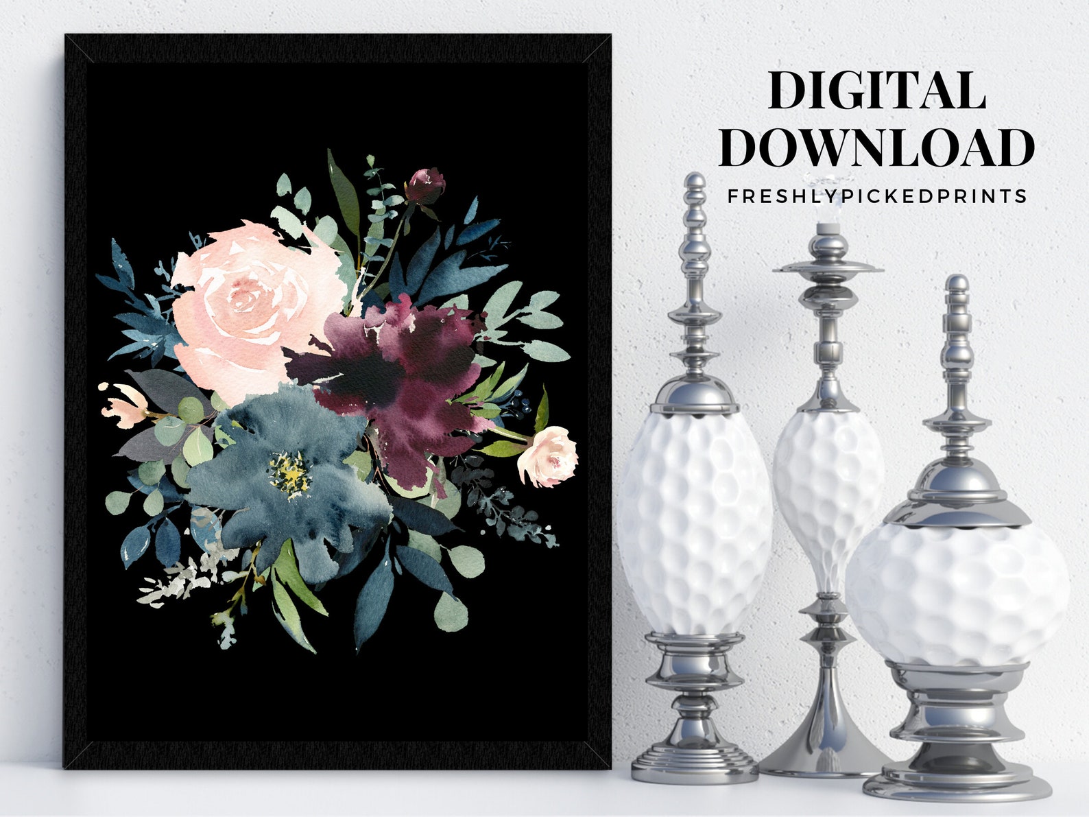 Watercolor Flowers | Blush Pink Burgundy Wine Navy Blue | Floral ...