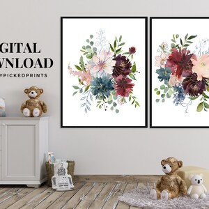 May include: Two framed floral art prints. Each print features a watercolor bouquet with pink, burgundy, and teal flowers, accented with gold details and green foliage. The text "DIGITAL DOWNLOAD" and "FRESHLYPICKEDPRINTS" are visible.