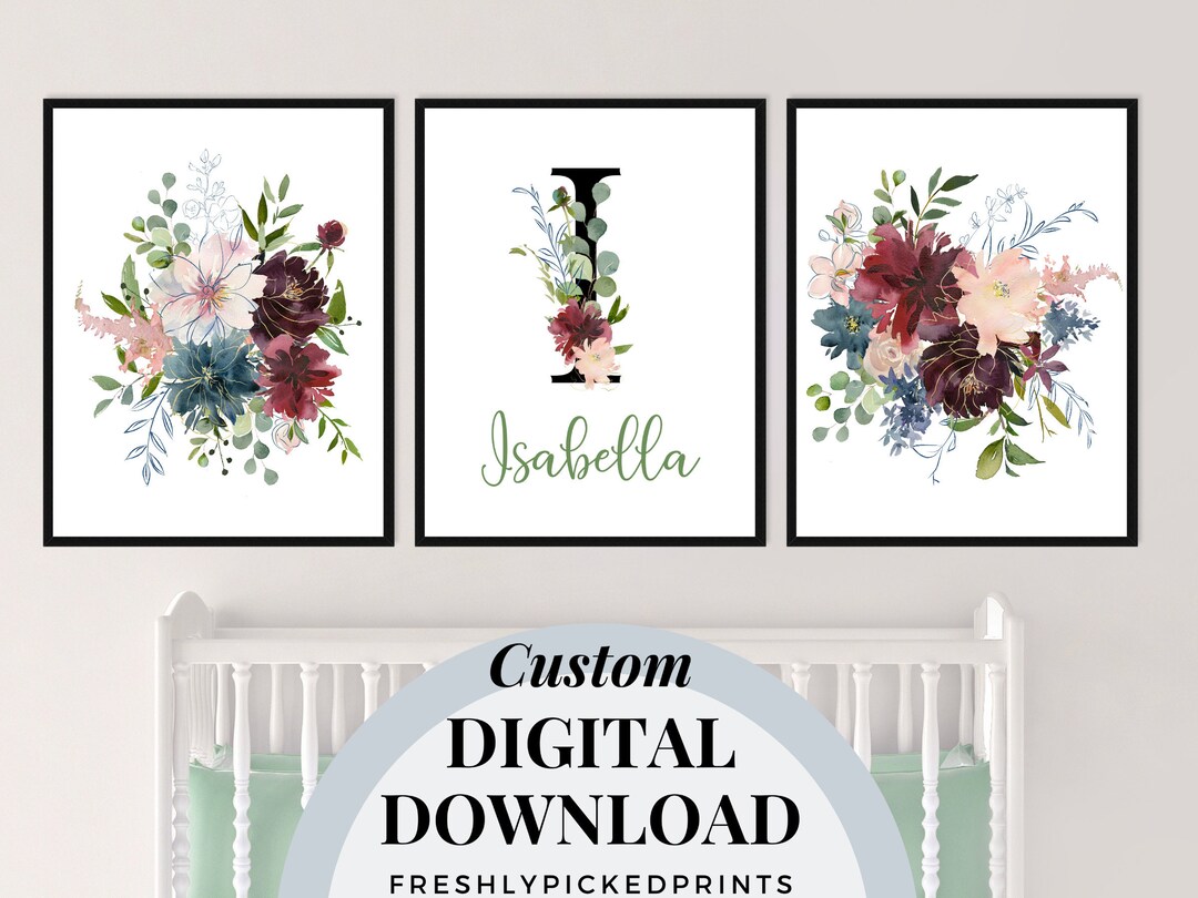 Floral Initial Nursery Print | Custom Name Poster (digital Download) - Etsy