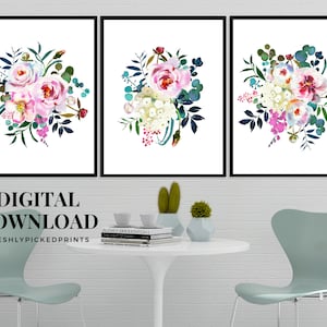 Colorful Floral Printable Wall Art | Digital Downloadable Print | Navy Blue and Teal Flower with Blush Pink Floral Watercolor Bouquet |