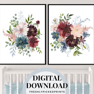 May include: Two framed floral art prints featuring watercolor bouquets in shades of burgundy, teal, and blush pink. The bouquets include detailed flowers and greenery against a white background. The text "DIGITAL DOWNLOAD" is visible.