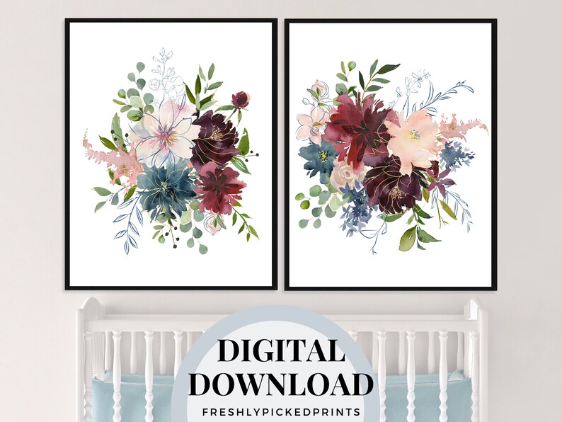 May include: Two framed floral art prints featuring watercolor bouquets in shades of burgundy, teal, and blush pink. The bouquets include detailed flowers and greenery against a white background. The text "DIGITAL DOWNLOAD" is visible.