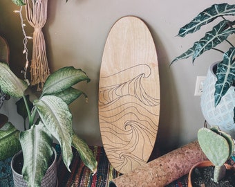 Ride the Waves: Handcrafted Surf Style Balance Board with wood burned Waves. Functional coastal decor. Great gift and free personalization