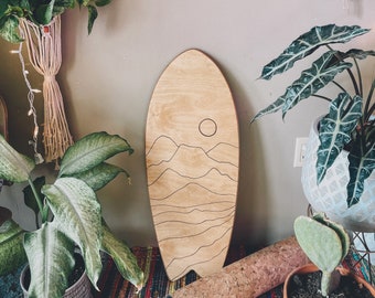 Surf style balance board, mountain art, balance board, fitness, surf style, yoga, longboard, wood burned