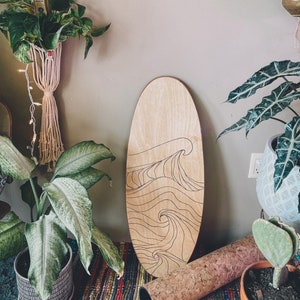 Ride the Waves: Handcrafted Surf Style Balance Board with wood burned Waves. Functional coastal decor. Great gift and free personalization