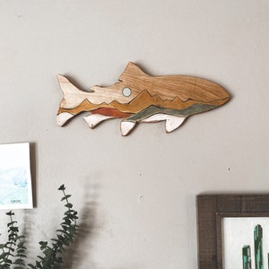 Painted wooden fish wall hanging, fishing decor, mountain art, fish art, wood burned, rustic decor, fishing, mountains, fly fishing