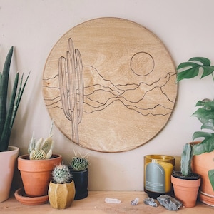 Desert mountain circle wooden wall hanging, desert, mountain, cactus, wall art, wall hanging, boho, boho decor, mountain art, desert art