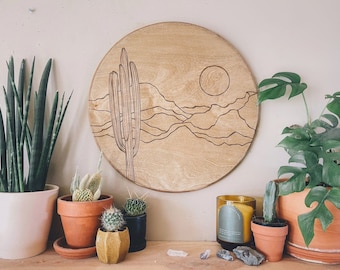 Desert mountain circle wooden wall hanging, desert, mountain, cactus, wall art, wall hanging, boho, boho decor, mountain art, desert art