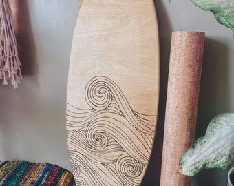 Handcrafted Surfboard Style Balance Board with Wave Art. Functional coastal decor, great gift and free personalization