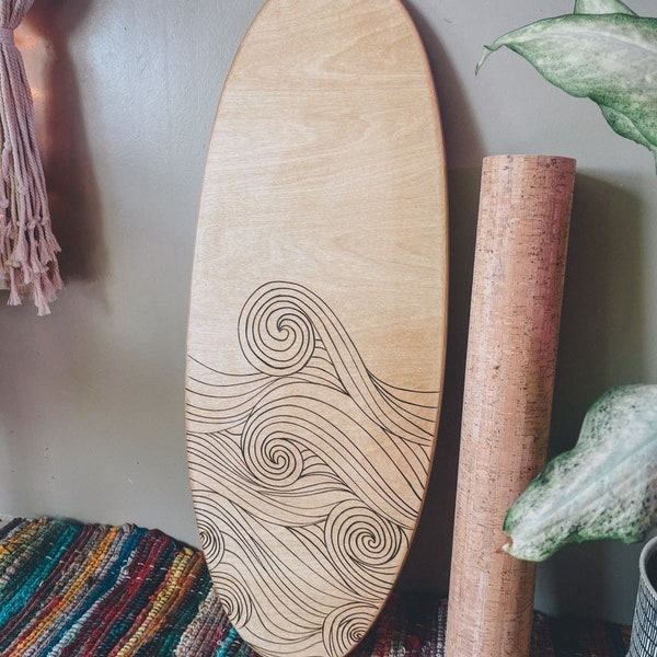Handcrafted Surfboard Style Balance Board with Wave Art. Functional coastal decor, great gift and free personalization