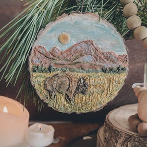 Handmade sculpted Bison Ornament, Rustic Christmas Decor, Western Home Decor, National Parks