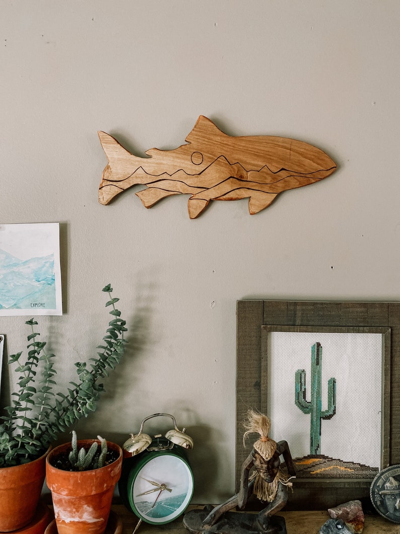 Painted Wooden Fish Wall Hanging Fishing Decor Mountain Art Etsy