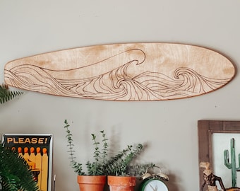 Ride the Wave of Style! Handcrafted Wooden Surfboard Wall Hanging with Wood Burned Waves - Hang Ten in Your Home Decor! Boho surf style