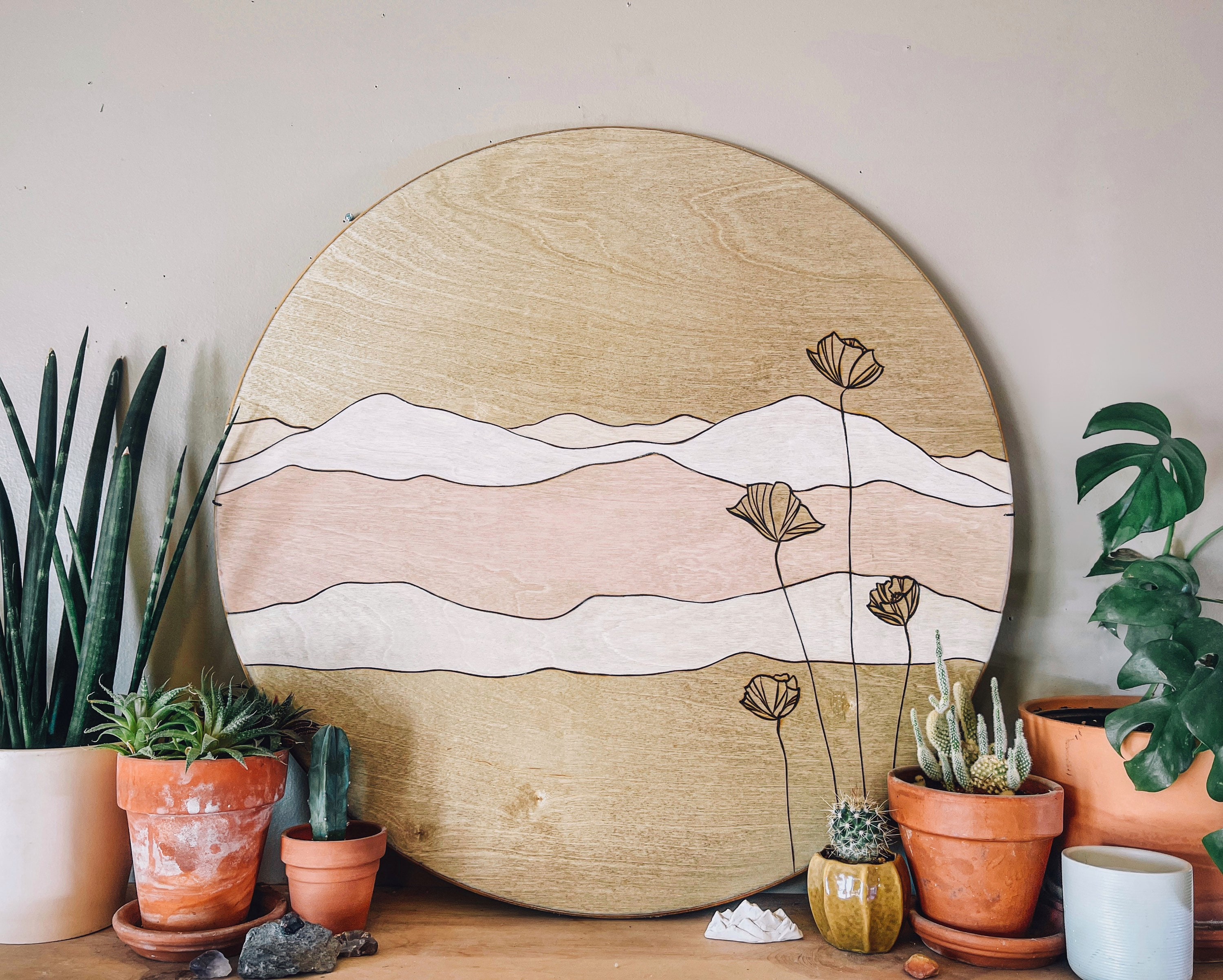 Mountain Flower Wooden Circle Wall Hanging Mountain Art Etsy