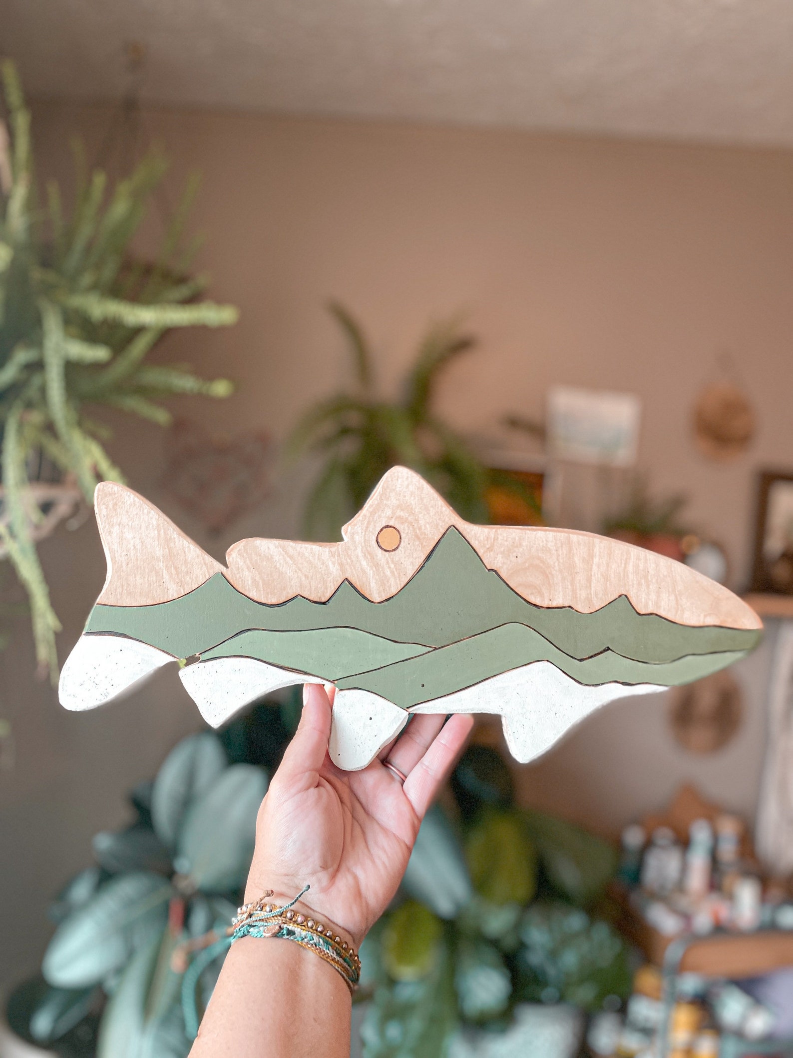 Painted Wooden Fish Wall Hanging Fishing Decor Mountain Art Etsy