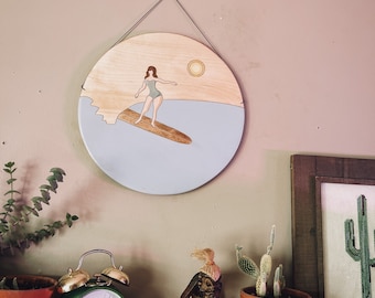 Wooden circle surfer wall hanging, surf, surf style, surfer, surf art, wall decor, wall hanging, beach