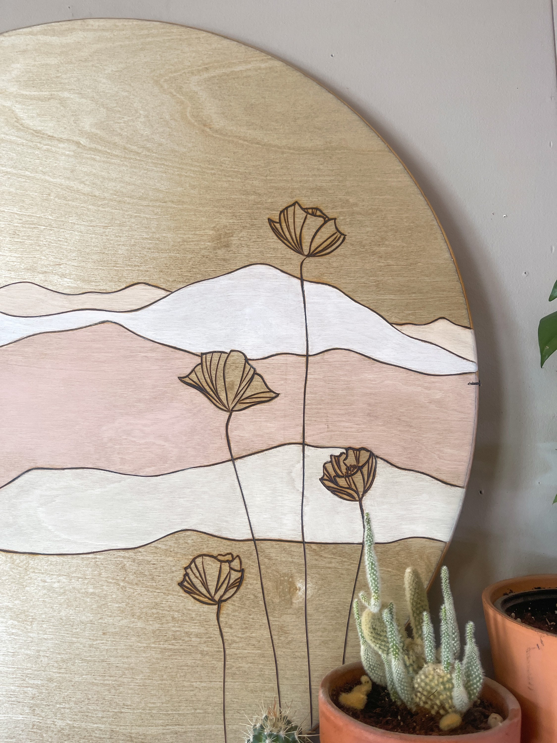 Mountain Flower Wooden Circle Wall Hanging Mountain Art Etsy