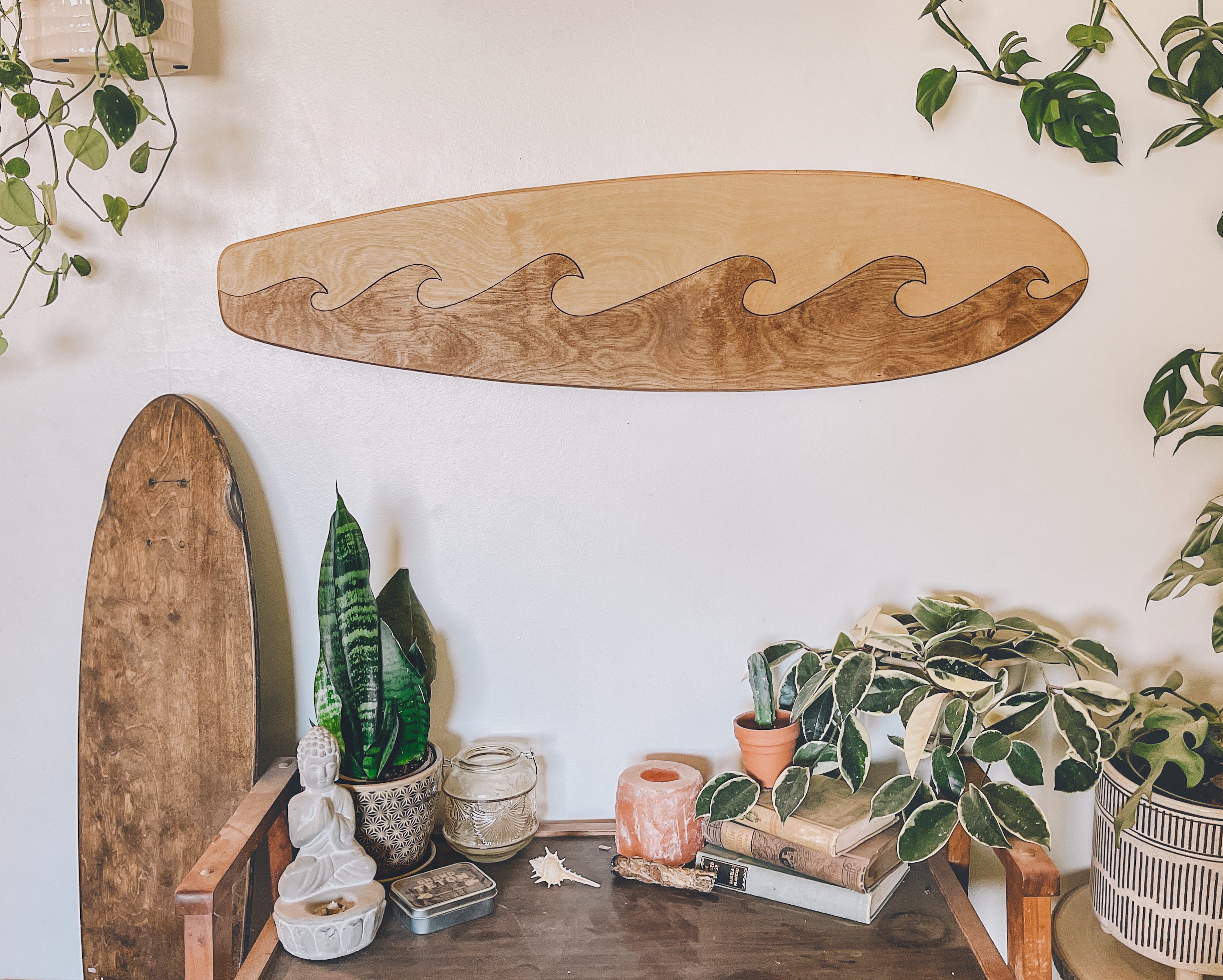 Handcrafted Wooden Surfboard Wall Hanging With Wood Burned Waves