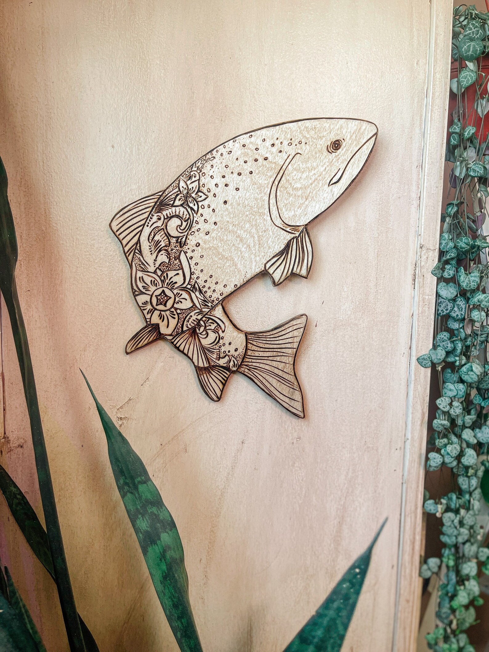 Wooden Floral Trout Trout Art Fishing Fly Fishing Leather Etsy