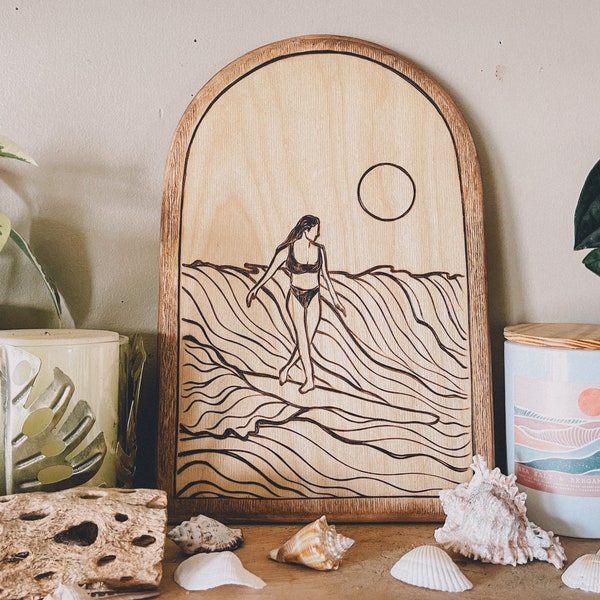 Handcrafted Wooden Wave & Surfer  Arch – Boho Coastal Art for Your Home Decor