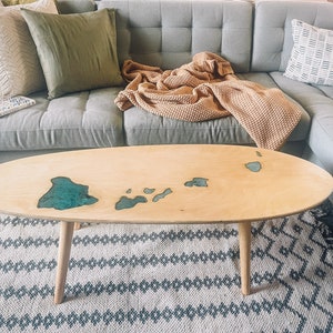 Wood Surfboard Coffee Table, Turquoise epoxy Hawaiian Islands, Surfboard Decor, Handmade Furniture, Wood Coffee Table, Beach Decor,
