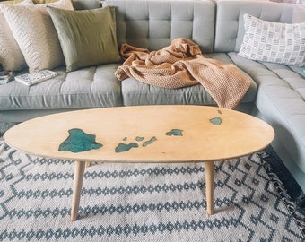 Wood Surfboard Coffee Table, Turquoise epoxy Hawaiian Islands, Surfboard Decor, Handmade Furniture, Wood Coffee Table, Beach Decor,