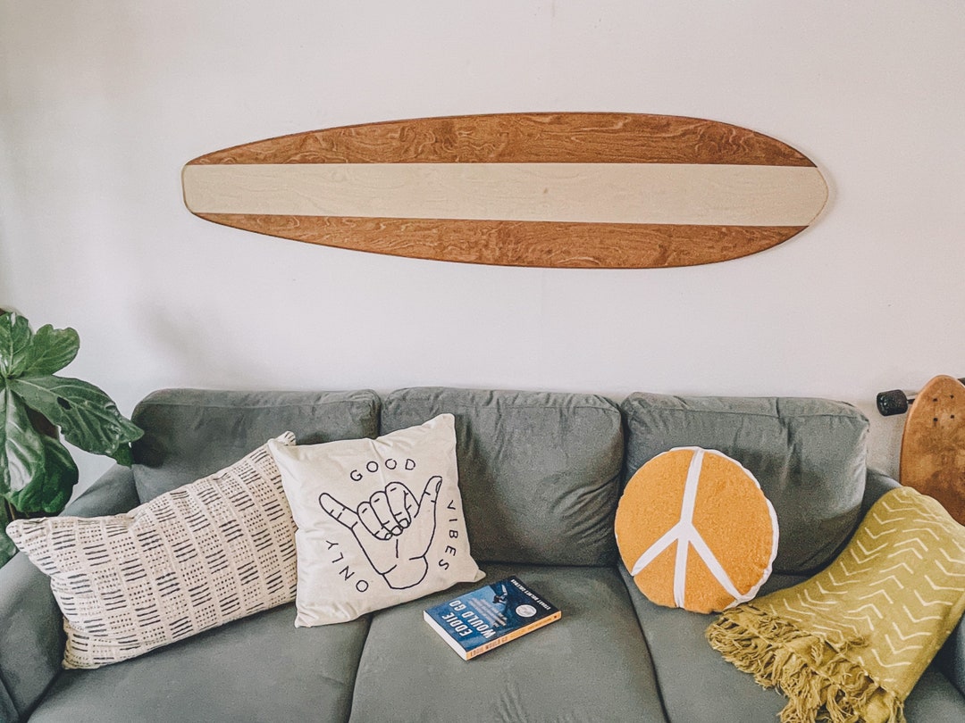 Boho Inspired Natural Stripe Longboard Wall Hanging. Wooden Surfboard