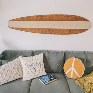 Boho inspired Natural stripe longboard wall hanging. Wooden surfboard wall art with a natural two tone stripe for your nautical beach decor