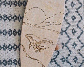 Surf style balance board, wood burned island art, balance board, surf style, fitness, longboard