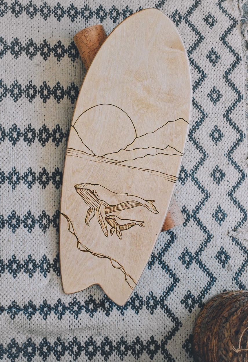 Surf style balance board, wood burned island art, balance board, surf style, fitness, longboard