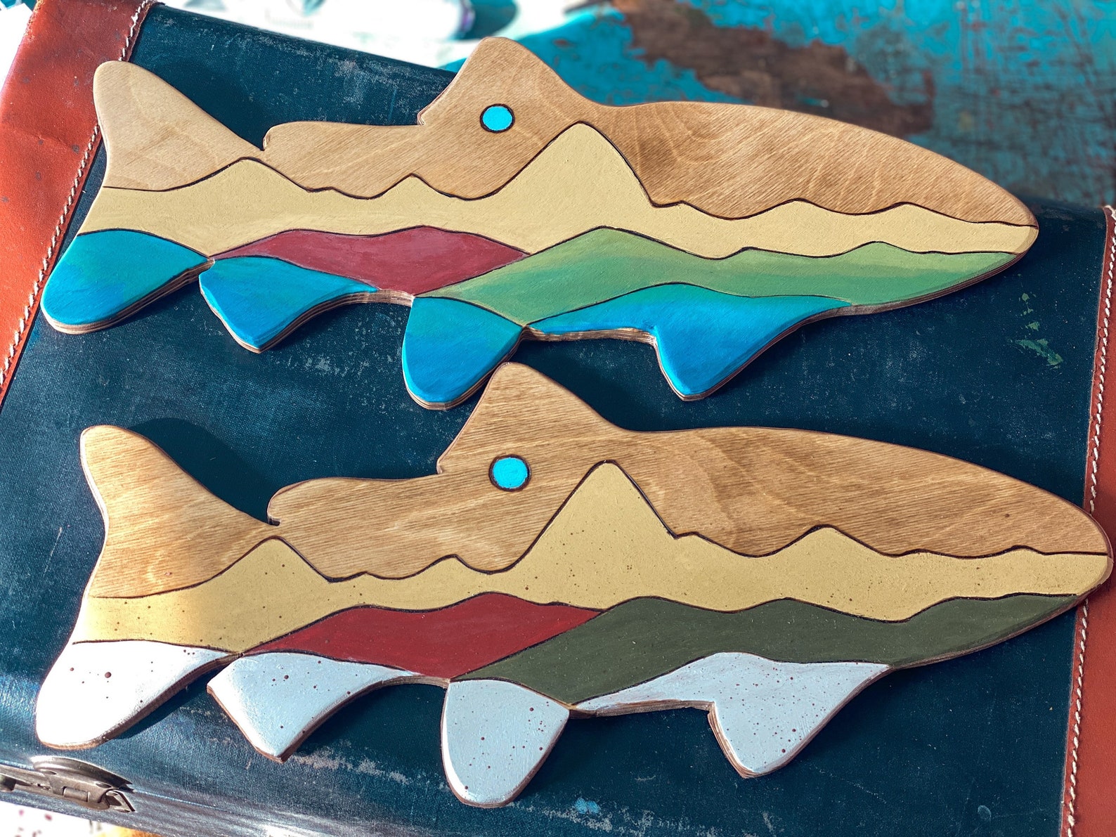 Painted Wooden Fish Wall Hanging Fishing Decor Mountain Art Etsy