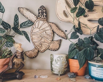 Wooden Sea turtle wall art, sea turtle, turtle art, sea turtle art, boho decor, mountain art, mountains, ocean decor, ocean art, coastal