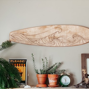 Ride the Wave of Style! Handcrafted Wooden Surfboard Wall Hanging with Wood Burned Waves - Hang Ten in Your Home Decor! Boho surf style