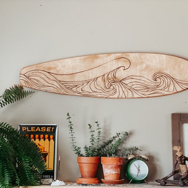 Ride the Wave of Style! Handcrafted Wooden Surfboard Wall Hanging with Wood Burned Waves - Hang Ten in Your Home Decor! Boho surf style