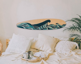 Surfboard with Indigo, turquoise and gold painted waves wall hanging, coastal home decor, handmade gift, free personalization